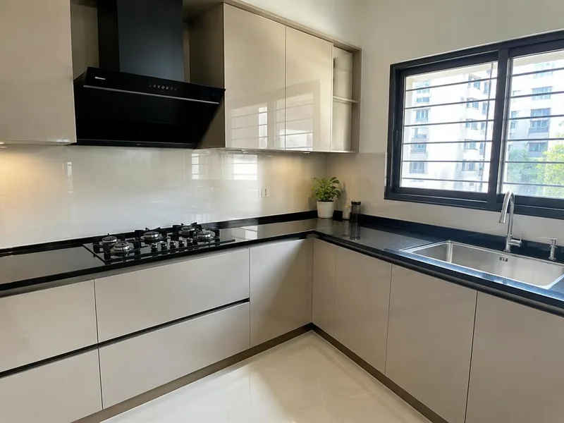 Modular kitchen setup with clean integrated household appliances