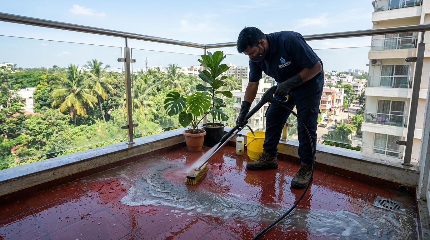 Apartment balcony jet washing, floor scrubbing, and glass railing cleaning in Bengaluru