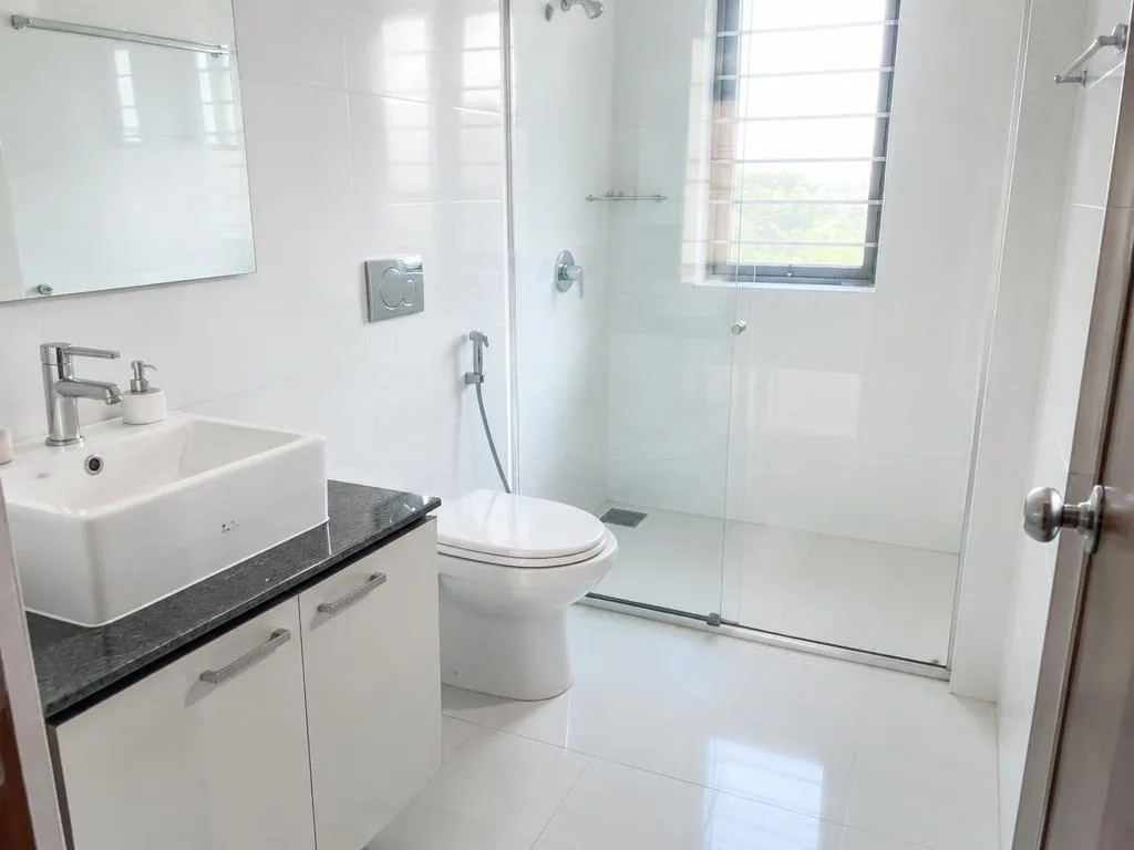 Clean bathroom with ceramic wall tiles, mirror, and white commode