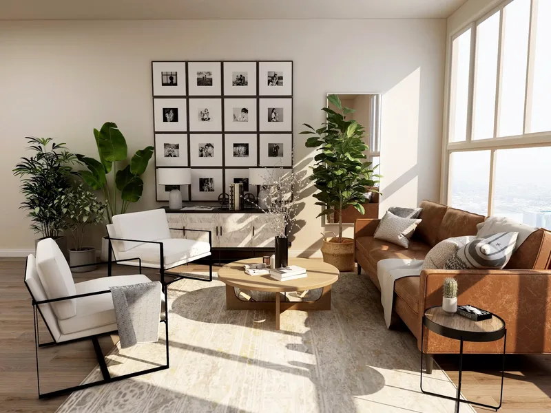 Organized living space with clean seating and bright sliding window
