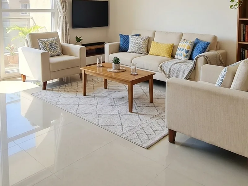 Clean polished living room tile floor reflecting ambient light