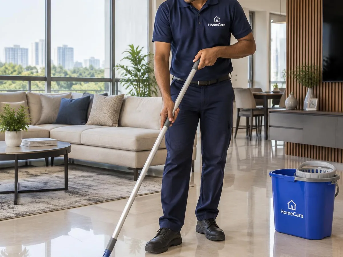 Professional cleaner in uniform cleaning modern apartment interior
