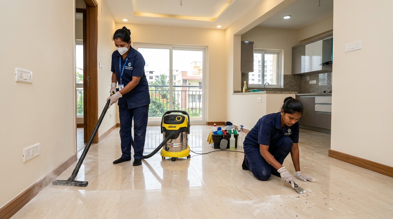 Post-construction deep cleaning, paint spot scraping, and plaster dust extraction in Bengaluru