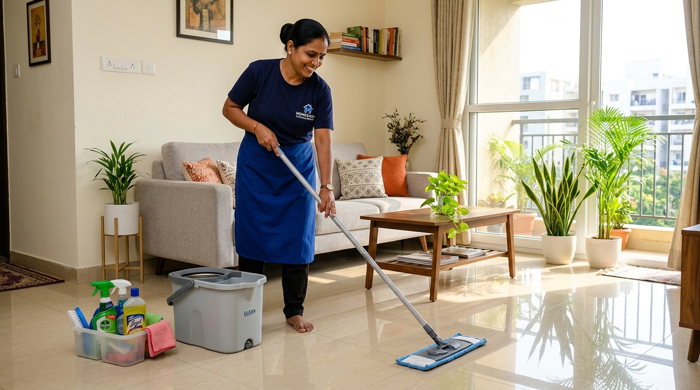 Routine home cleaning, floor mopping, and surface dusting in Bengaluru