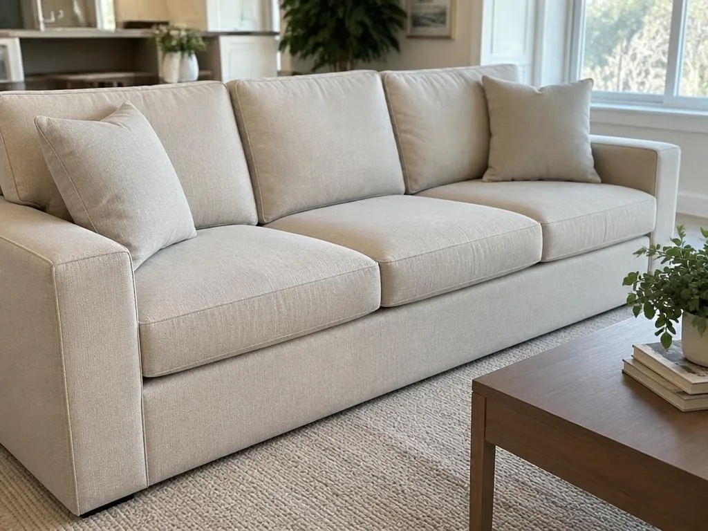 Clean fabric sectional sofa with cushions in bright living room
