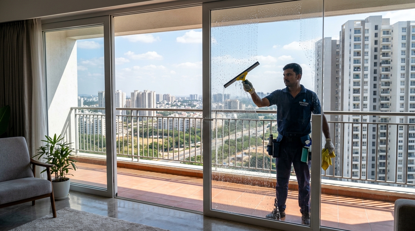 Professional high-rise apartment window glass and sliding track cleaning in Bengaluru